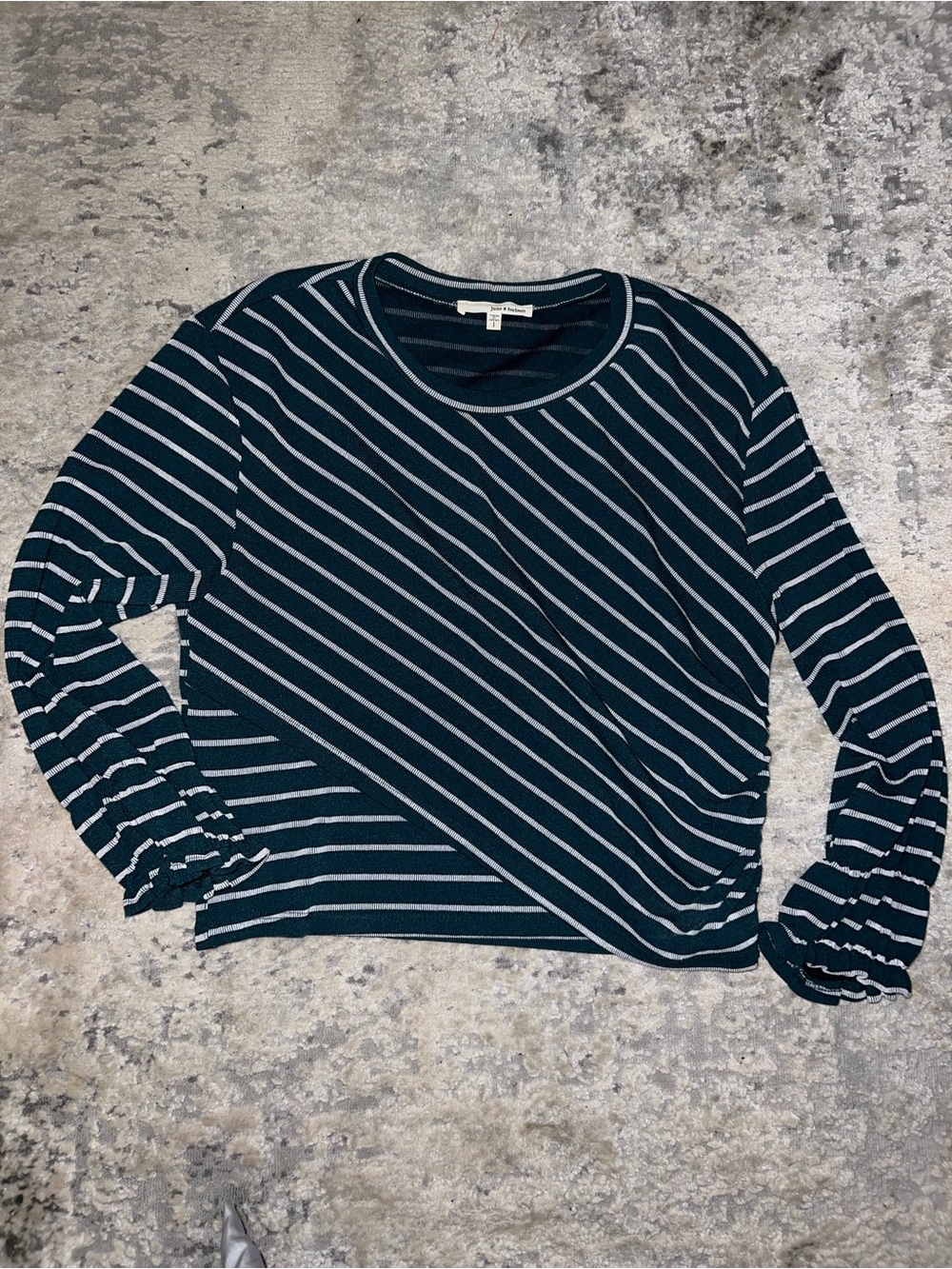 june & hudson Teal and White Striped Long Sleeve Crewneck Top